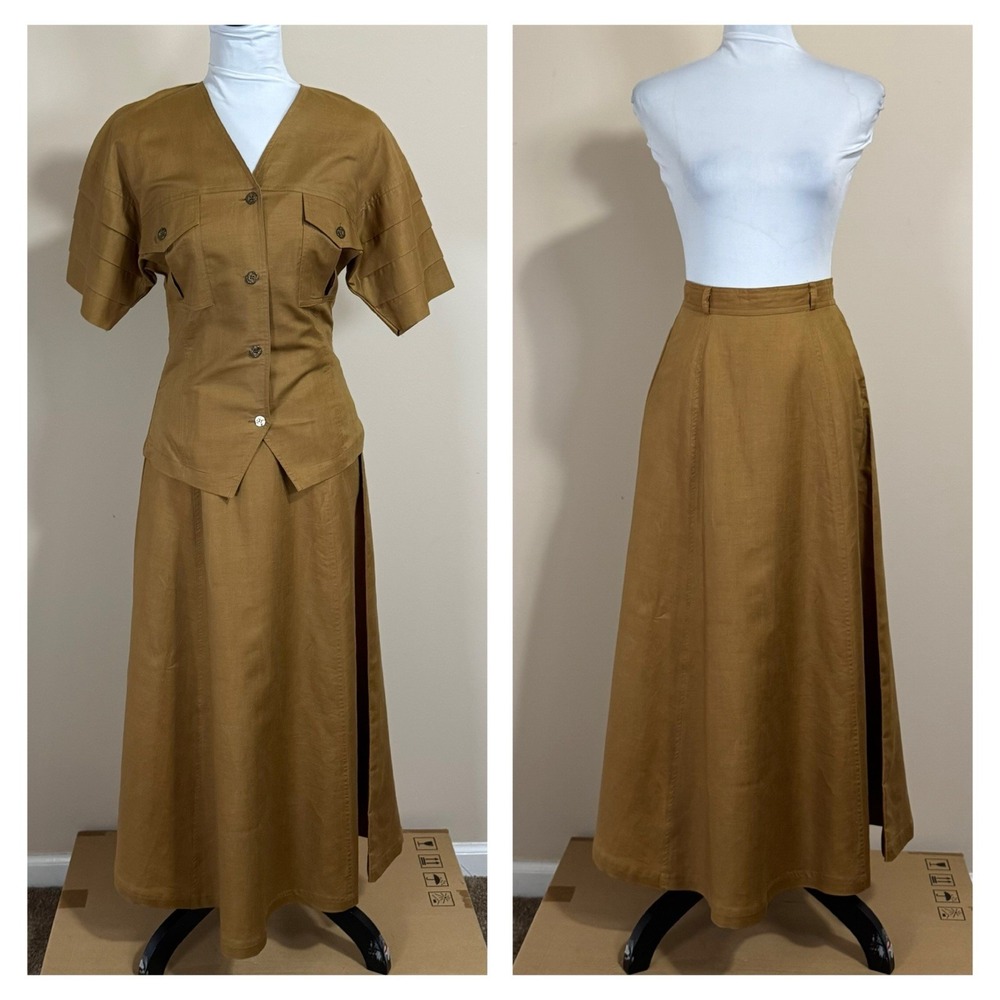 Vintage Apart Camel Brown Linen Maxi Skirt Set Size 4 XS XXS Safari Boho Neutral - Picture 5 of 16